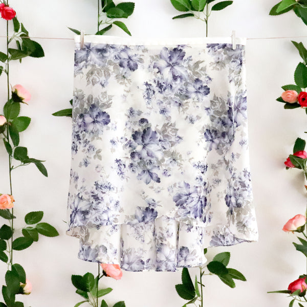 White and Blue Floral Wrap Skirt