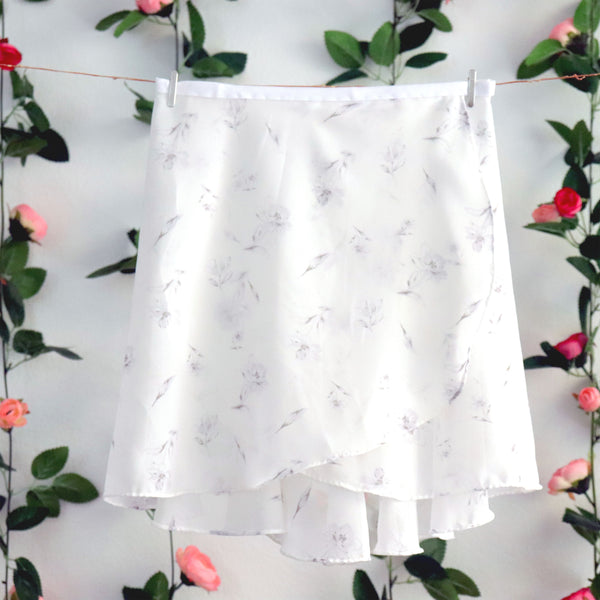 White and Light Gray Floral Wrap Skirt