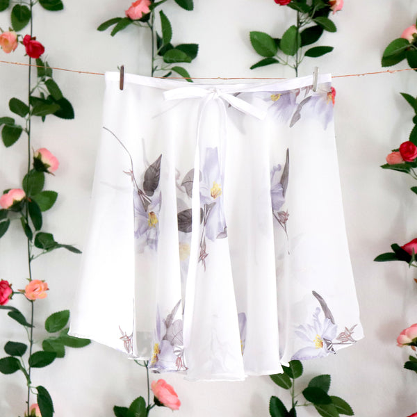 White and Lilac Gray Floral Wrap Skirt