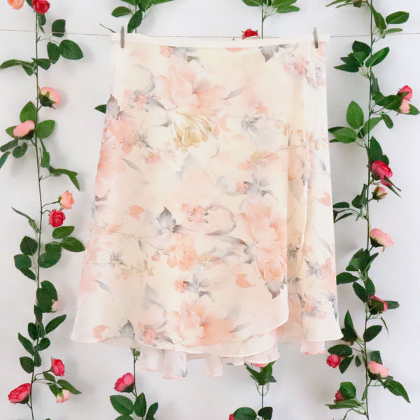 Impressionists-Cream and Peach Floral Wrap Skirt