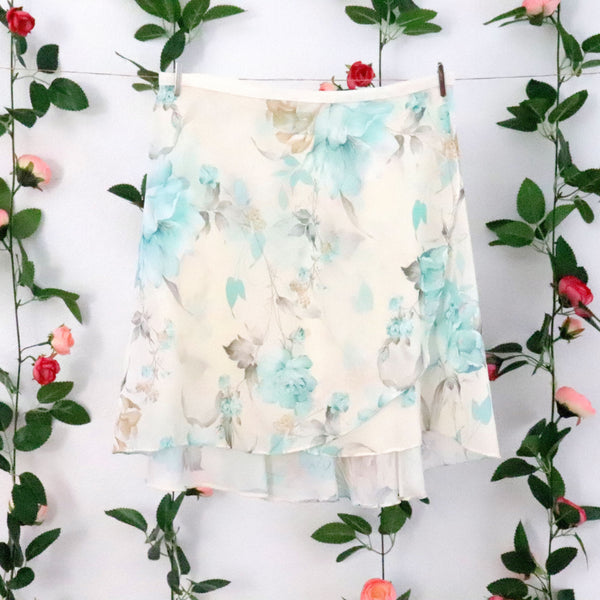 Cream and Blue Floral Ballet Wrap Skirt