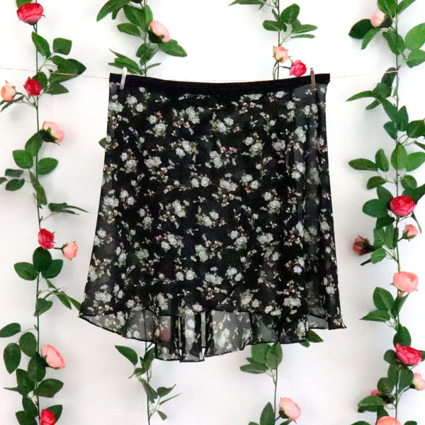 Black Ditsy Floral Wrap Skirt