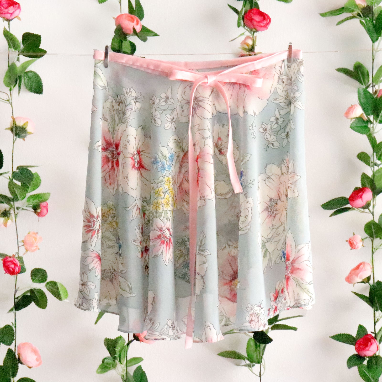 Muted Pastel Blue Floral Ballet Wrap Skirt | Vivace Dancewear