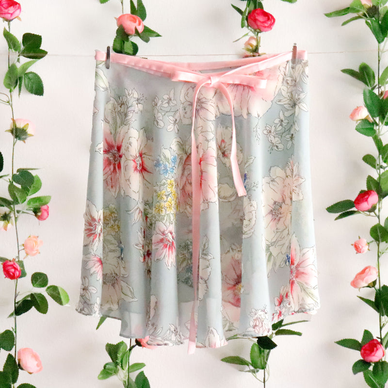 Muted Pastel Blue Floral Ballet Wrap Skirt