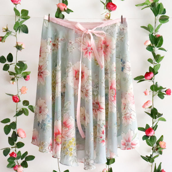 Impressionists - Muted Pastel Blue Floral Ballet Wrap Skirt