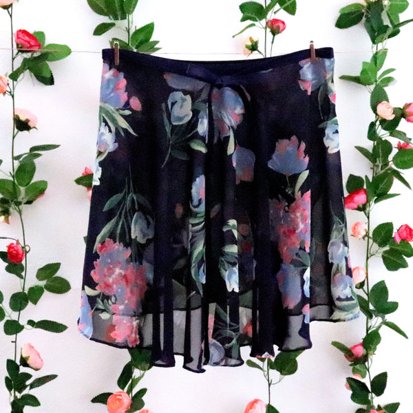 Navy Blue Abstract Floral Ballet Wrap Skirt