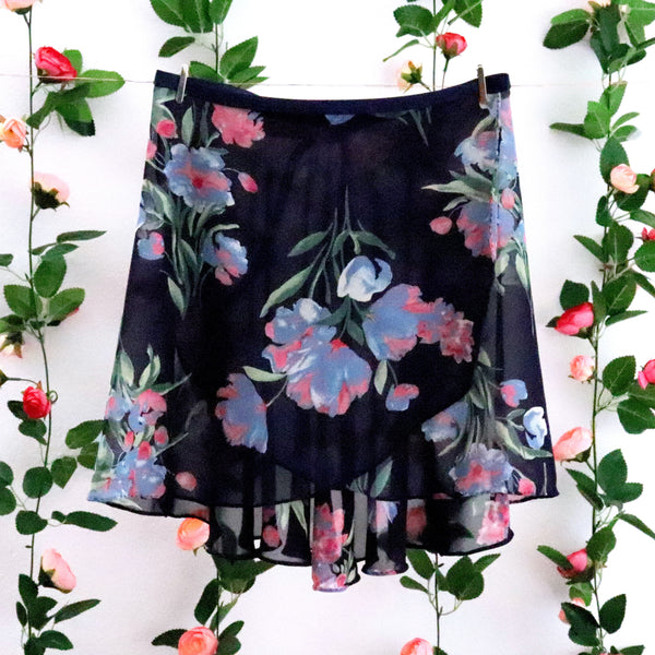 Navy Blue Abstract Floral Ballet Wrap Skirt